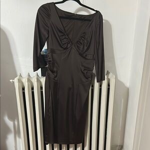 David Meister Gray Ruched Sheath Dress V-Neck 3/4 Sleeve